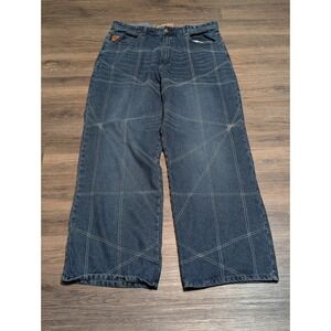 Y2K VTG Akademiks 38 Blue Wide Leg Baggy Scribble Patches Design Jeans